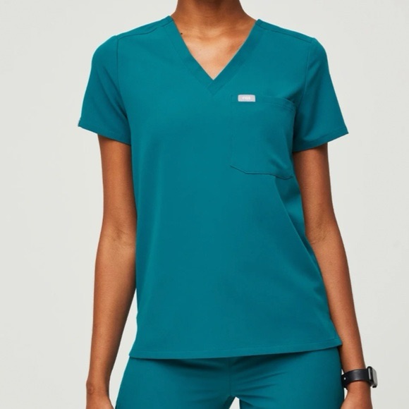 Figs Catarina One Pocket Scrub Top Pacific Blue